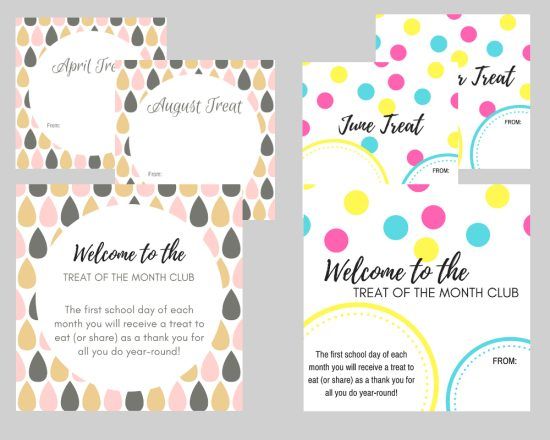 Teacher Gift Idea : Treat of the Month Cards are the perfect way to give a gift to friends, neighbors, or teachers. 4 sets of cards to choose from for a year of printable cards to accompany any treats.