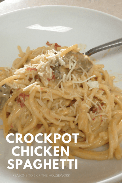 Cheesy Crockpot Chicken Spaghetti 