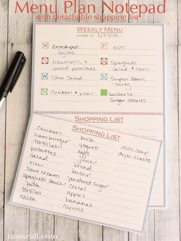 Menu Plan Notepad with Detachable Shopping List