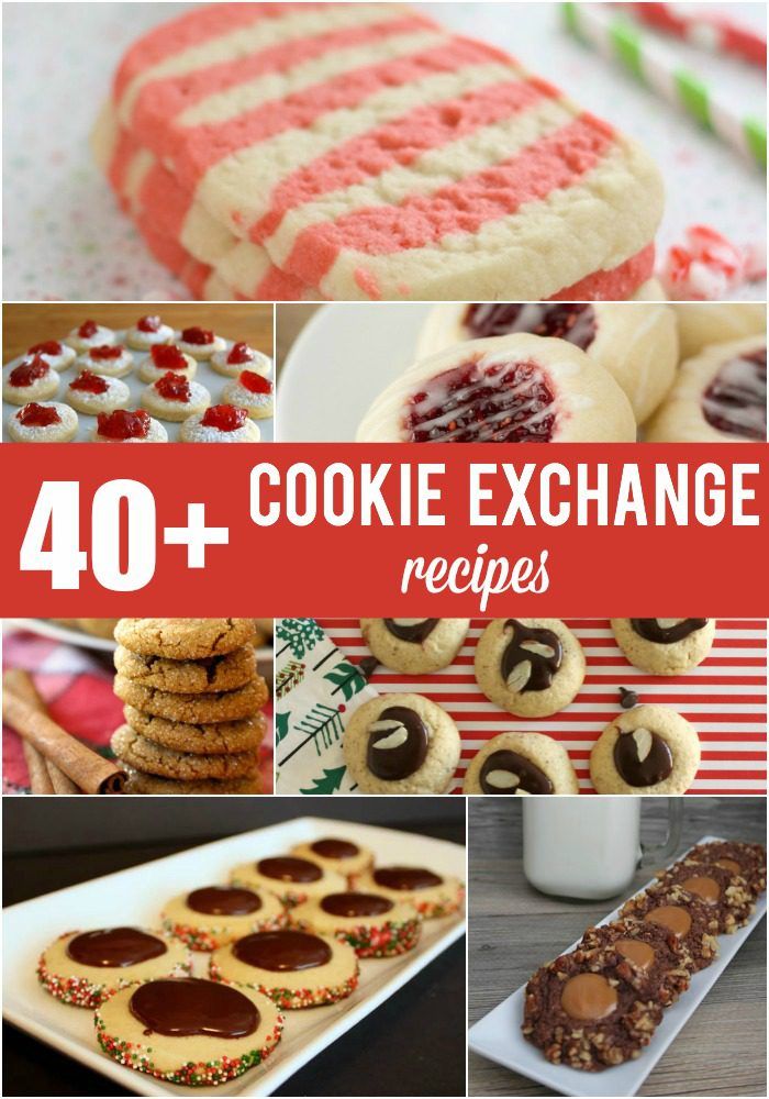 A collage of cookie recipes for a holiday cookie exchange with test overlay for Pinterest