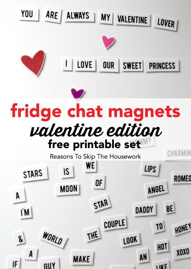 Fridge Chat Magnets are a simple game to have out during February and beyond!  This free printable set from www.reasonstoskipthehousework.com  includes words you need to show love and happiness!
