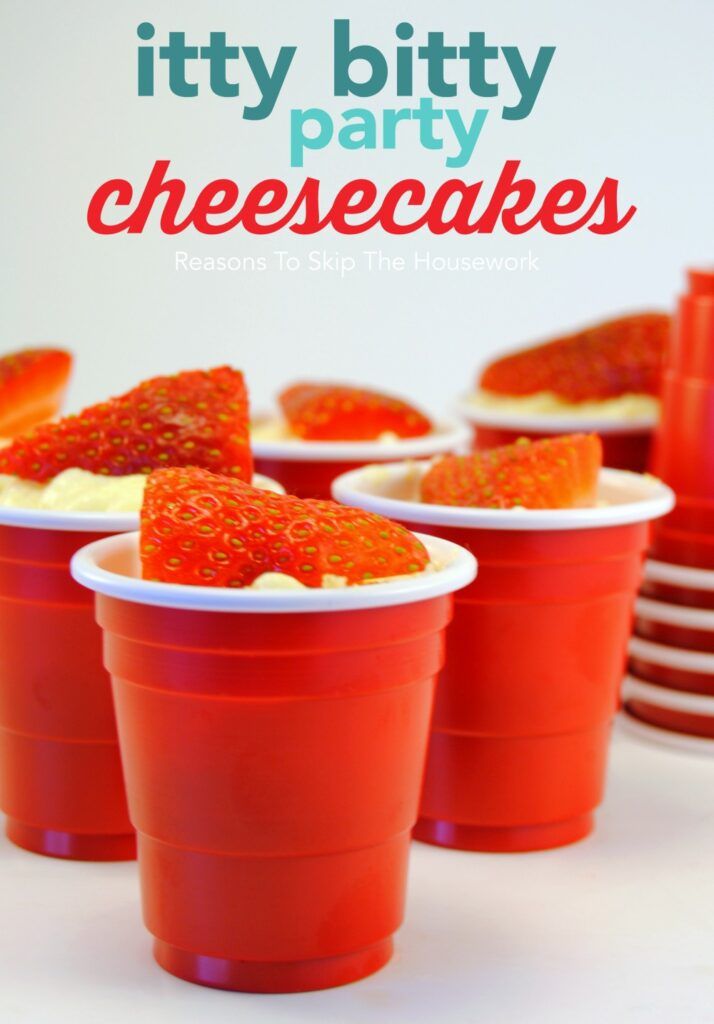 Mini Party Cheesecakes in itty bitty Red Solo Cups from reasonstoskipthehousework.com 