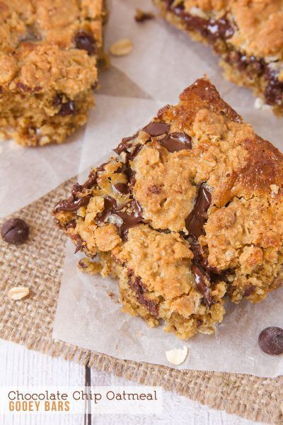 These Chocolate Chip Oatmeal Gooey Bars marry a gooey condensed milk filling, with a soft, oatmeal cookie dough. With plenty of chocolate chips for good measure!