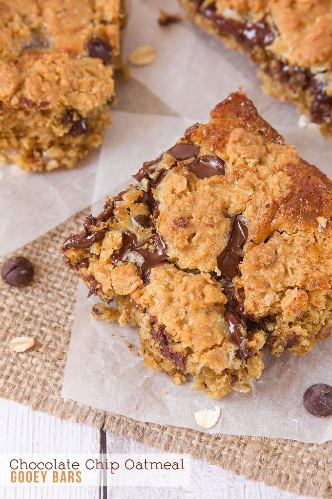 These Chocolate Chip Oatmeal Gooey Bars marry a gooey condensed milk filling, with a soft, oatmeal cookie dough. With plenty of chocolate chips for good measure! 