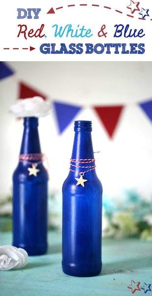 Make your own Red, White & Blue Glass Bottles with this DIY project.