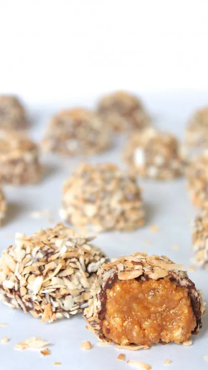 alt="Two Samoa Truffles in foreground, faded ones in background"