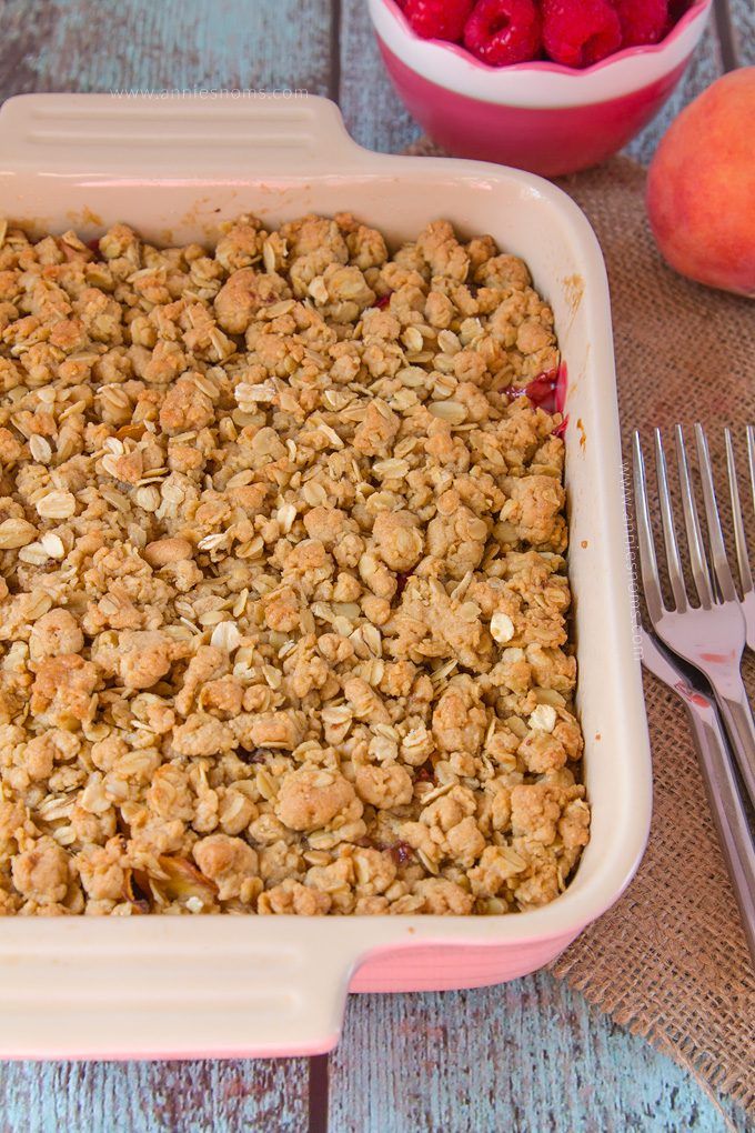 An easy, comforting dessert, using late Summer fruit. Make-ahead and perfect hot or cold, this crunchy, fruit filled Raspberry Peach Crumble will have everyone wanting second helpings!