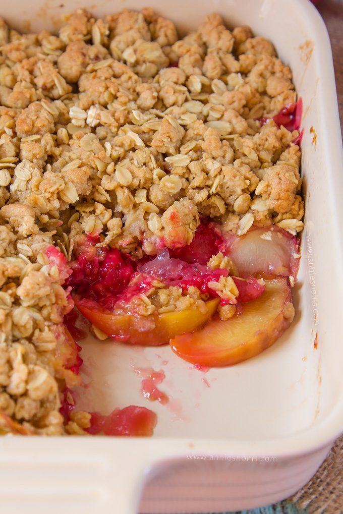 An easy, comforting dessert, using late Summer fruit. Make-ahead and perfect hot or cold, this crunchy, fruit filled Raspberry Peach Crumble will have everyone wanting second helpings!