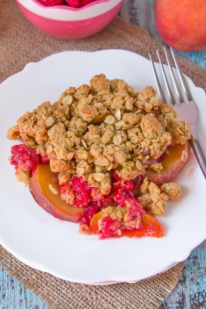 An easy, comforting dessert, using late Summer fruit. Make-ahead and perfect hot or cold, this crunchy, fruit filled Raspberry Peach Crumble will have everyone wanting second helpings!