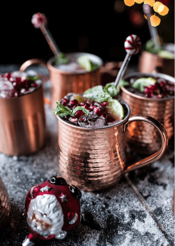 Pomegranate Peppermint Moscow Mule: Pumpkin flavors may dominate Fall, but Peppermint rules the holiday world! Here are 10 Peppermint Drinks that are sure to warm you up and get you in the Christmas spirit!