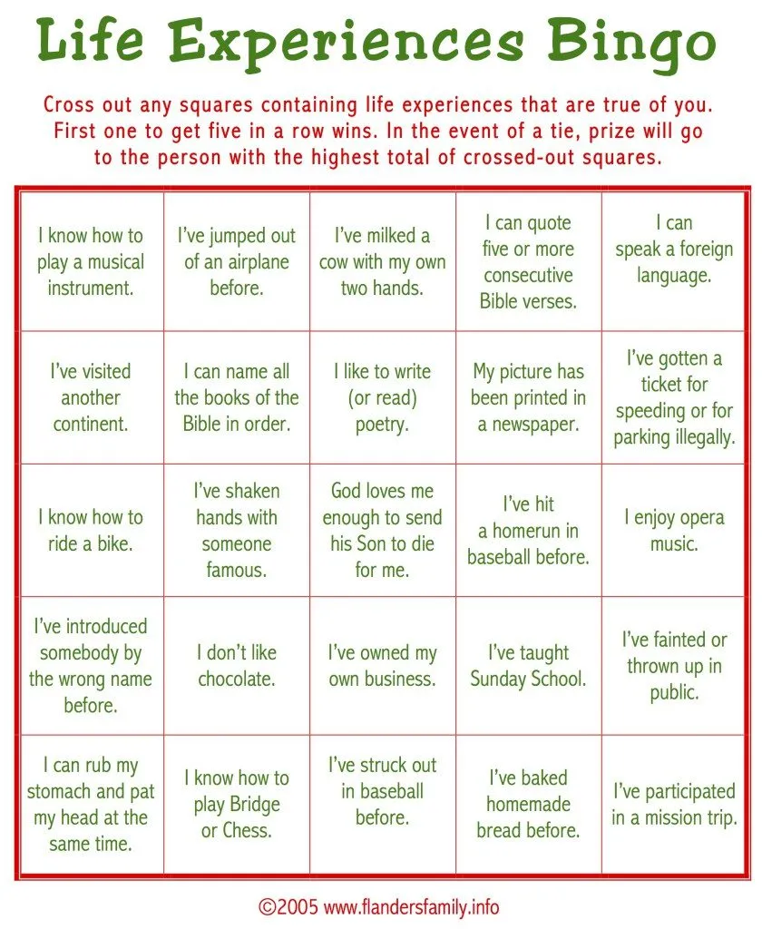 Group Party Games: Life Experiences Bingo