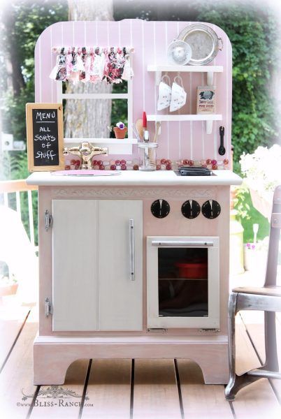 These adorable kitchens range from updates to an old play kitchen, a thrift store up cycle, and building a custom kitchen.