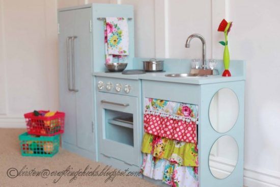 These adorable kitchens range from updates to an old play kitchen, a thrift store up cycle, and building a custom kitchen.