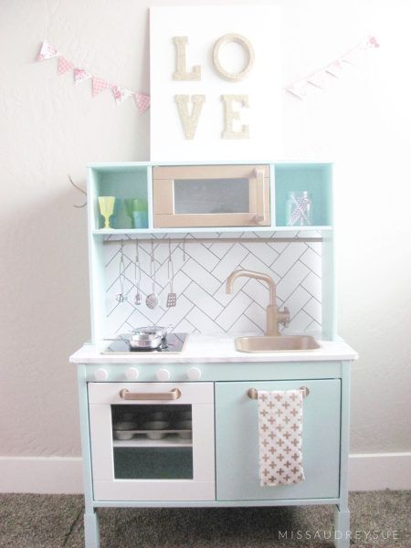 These adorable kitchens range from updates to an old play kitchen, a thrift store up cycle, and building a custom kitchen.