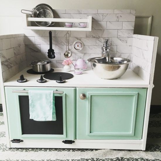 These adorable kitchens range from updates to an old play kitchen, a thrift store up cycle, and building a custom kitchen.