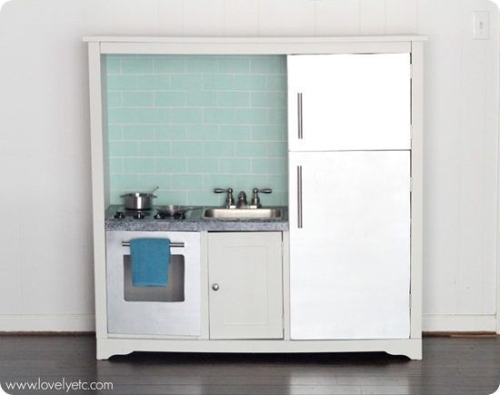 These adorable kitchens range from updates to an old play kitchen, a thrift store up cycle, and building a custom kitchen.