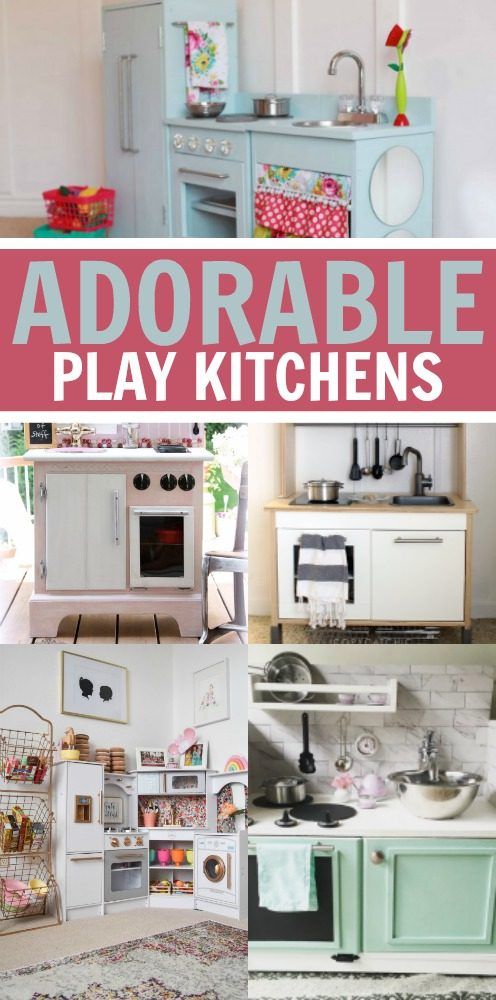These adorable kitchens range from updates to an old play kitchen, a thrift store up cycle, and building a custom kitchen. 
