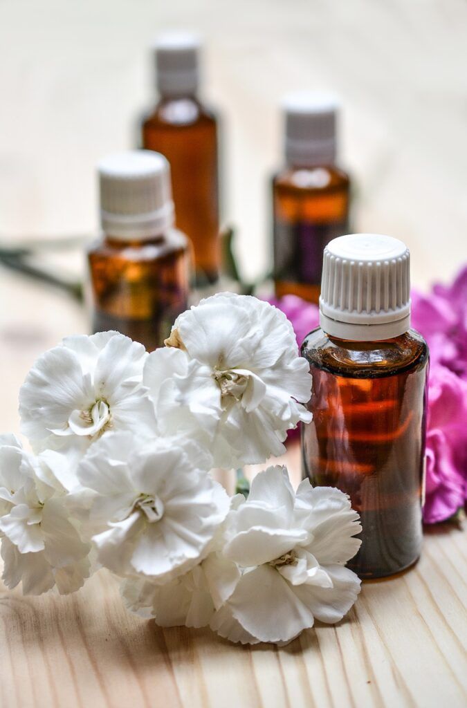 flowers and essential oils bottles