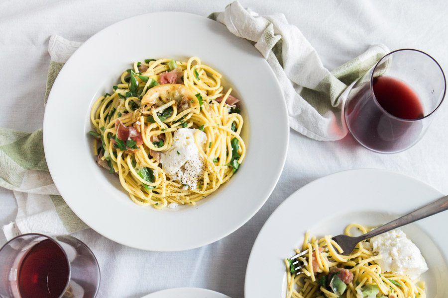 salmon linguine and wine