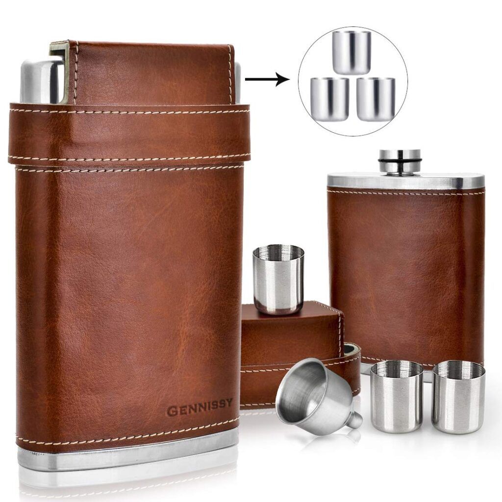 GENNISSY Pocket Hip Flask 8 Oz with Funnel - Stainless Steel with Leather Wrapped Cover and 100% Leak Proof