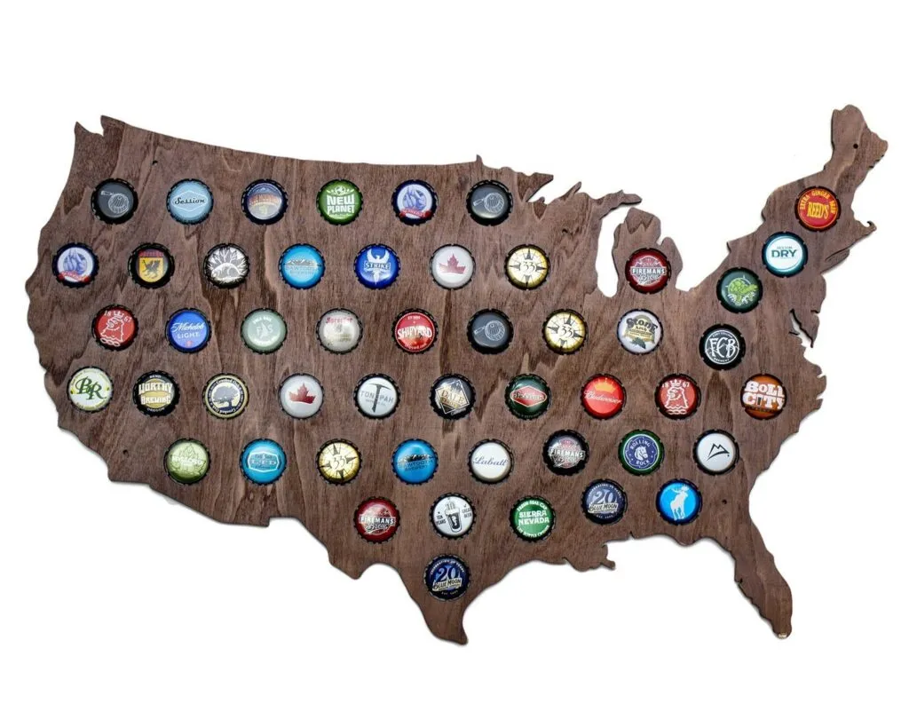 USA Beer Cap Map with Dark Stain - Craft Beer Cap Holder