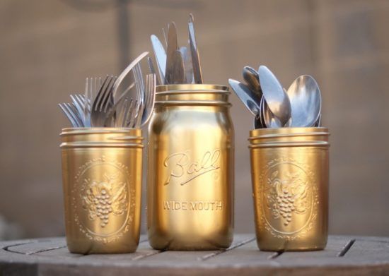 Silverware Storage Gold Painted Silverware Mason Jars