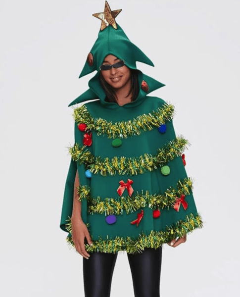 DSORVICD Women Christmas Tree Costume Bow Ball Decor Hooded Cloak Cape Christmas Tree Poncho for Party Cosplay